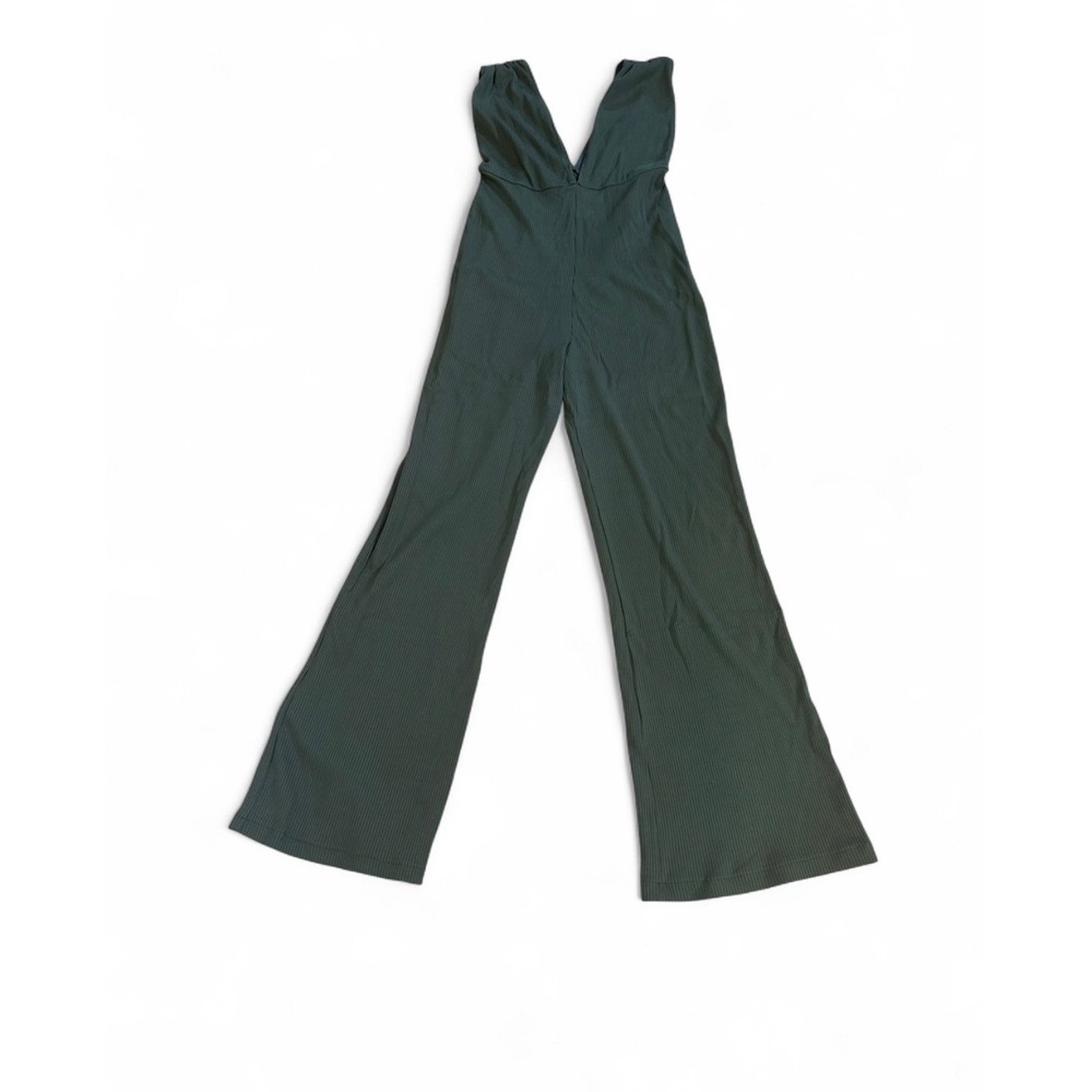 Reformation Ribbed Knit Deep V-Neck Wide Leg Jumpsuit Olive Green Large